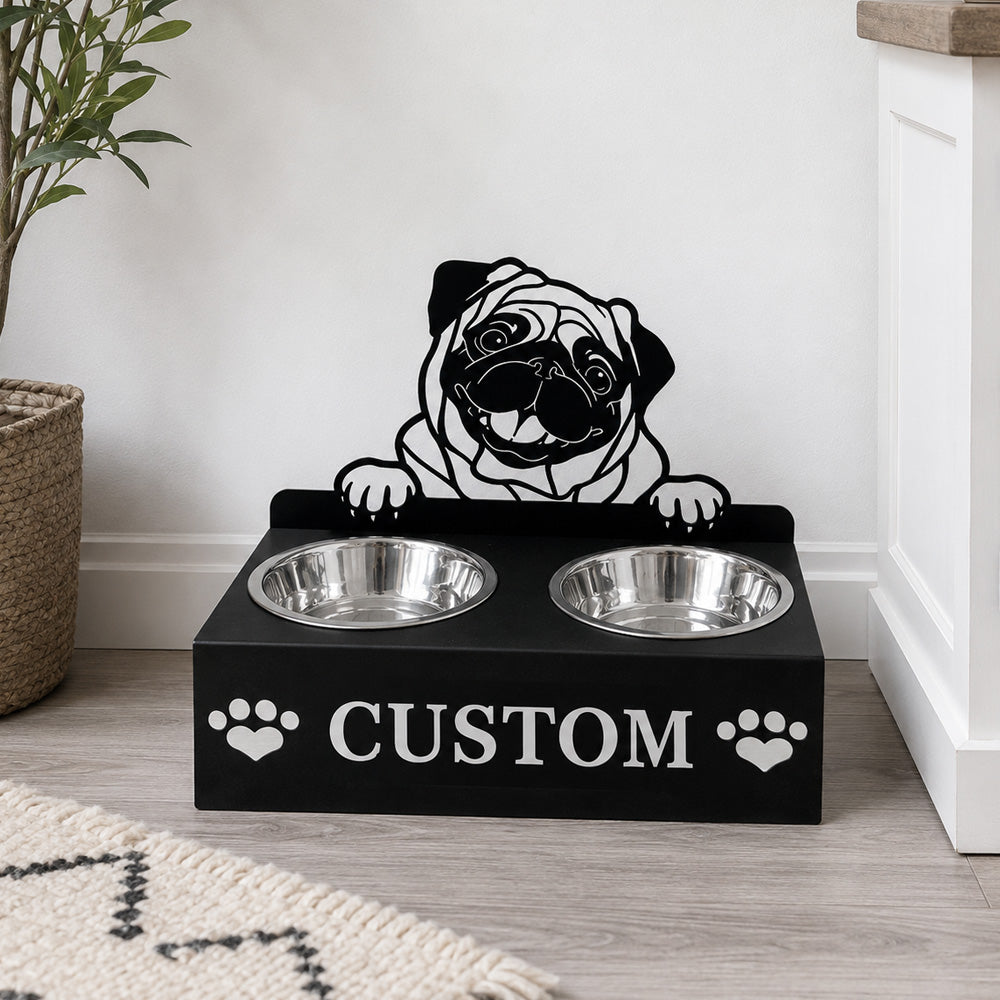 Personalized pug metal dog bowl stand with custom name cutout and two removable feeding bowls