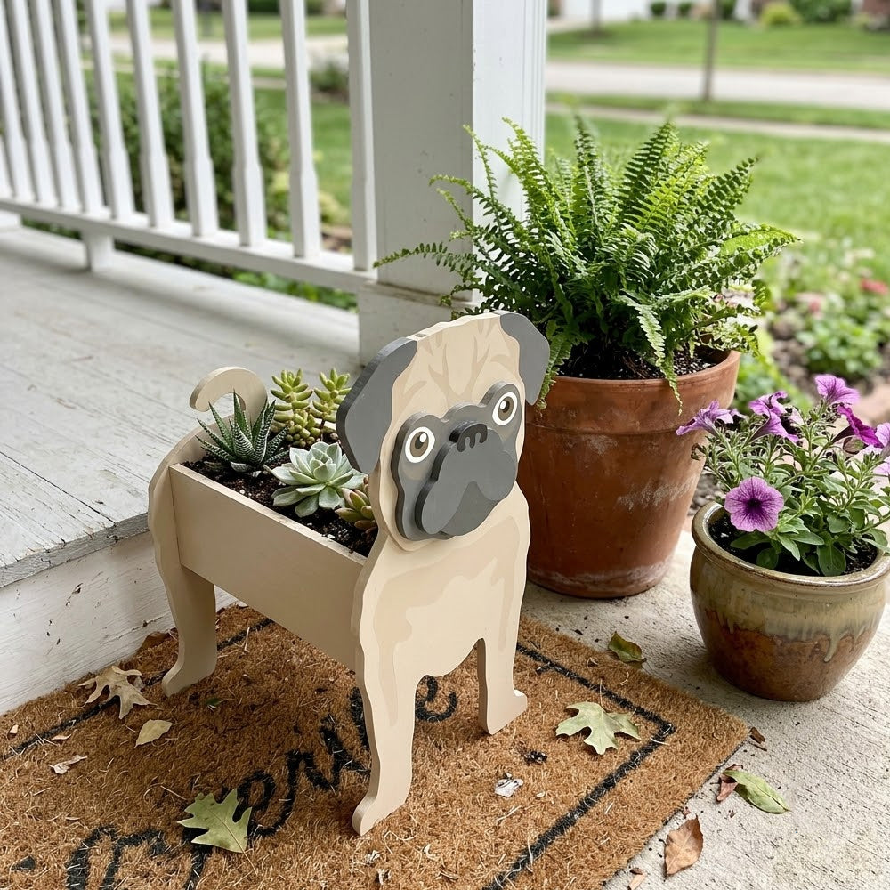 Fawn pug dog planter surrounded by various potted plants on a stone surface