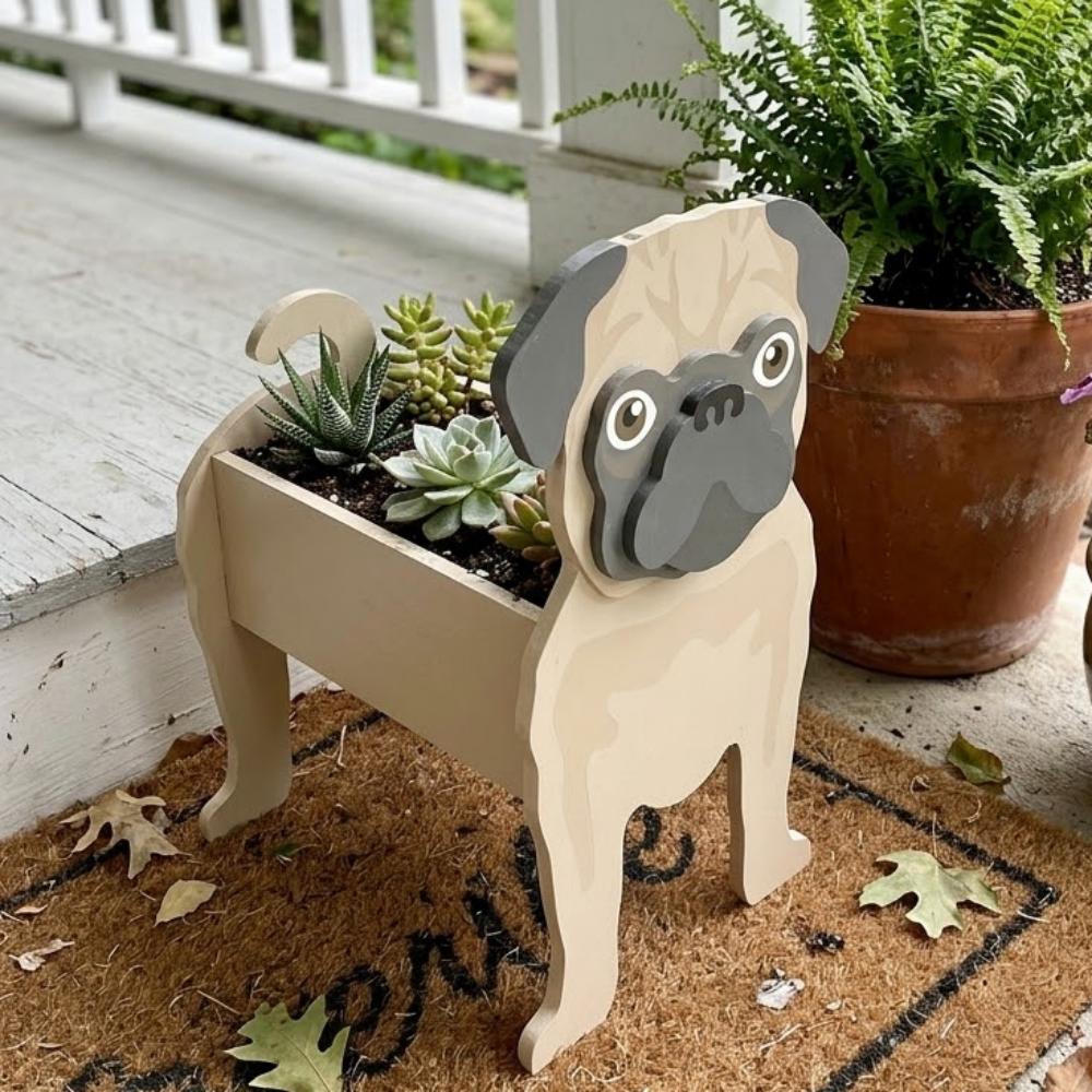 Fawn pug dog planter surrounded by various potted plants on a stone surface
