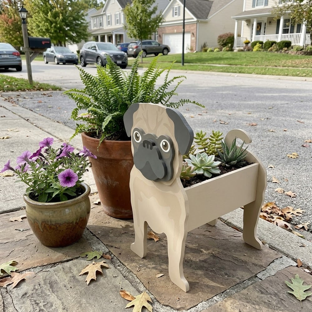 Fawn pug dog planter surrounded by various potted plants on a stone surface