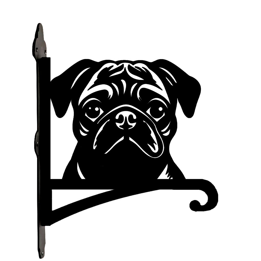Pug metal hanging basket bracket mounted on outdoor wall for plant decoration