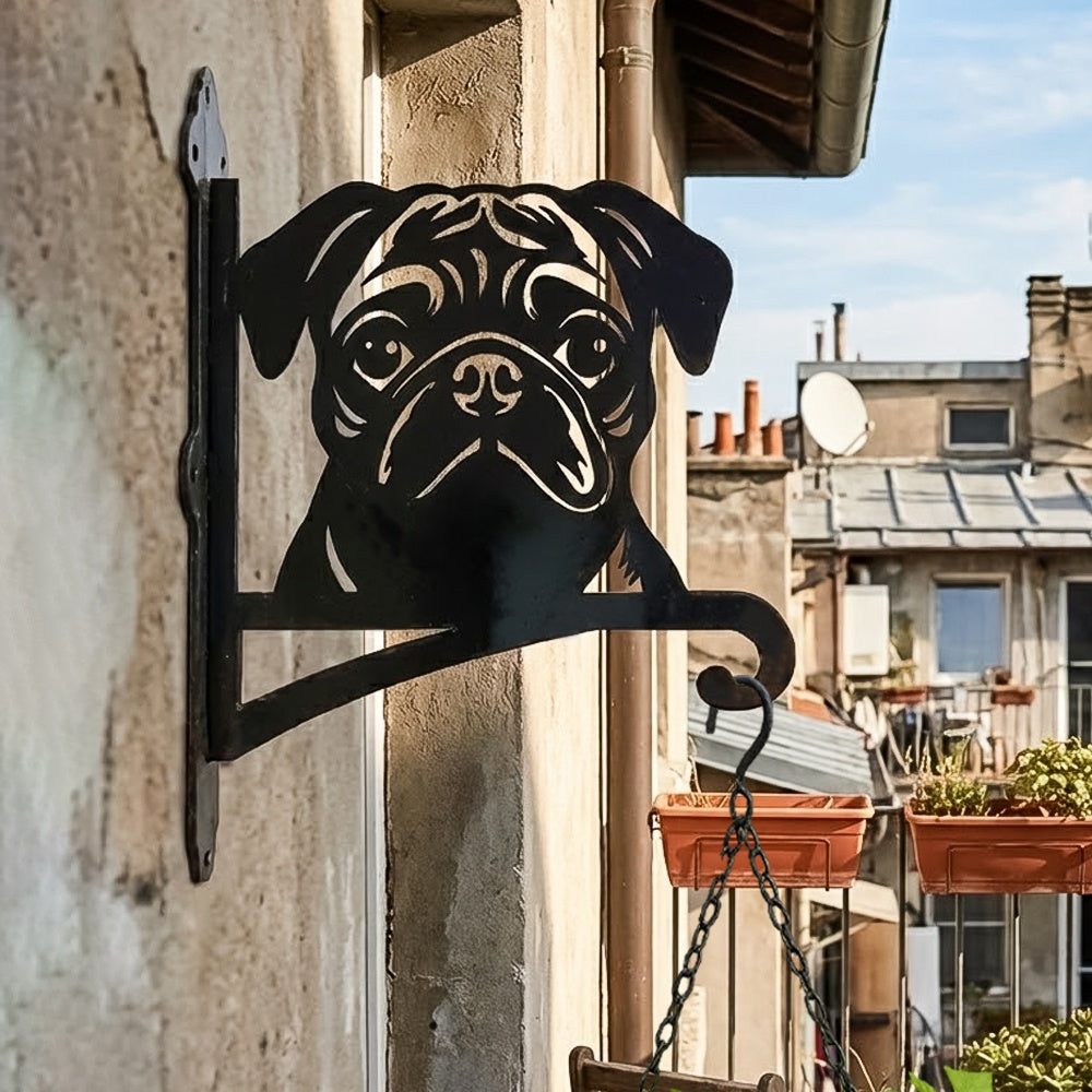 Pug metal hanging basket bracket mounted on outdoor wall for plant decoration