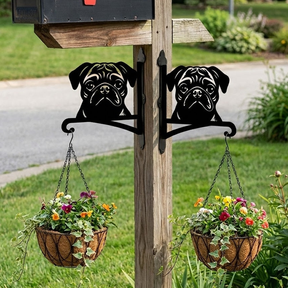 Pug metal hanging basket bracket mounted on outdoor wall for plant decoration