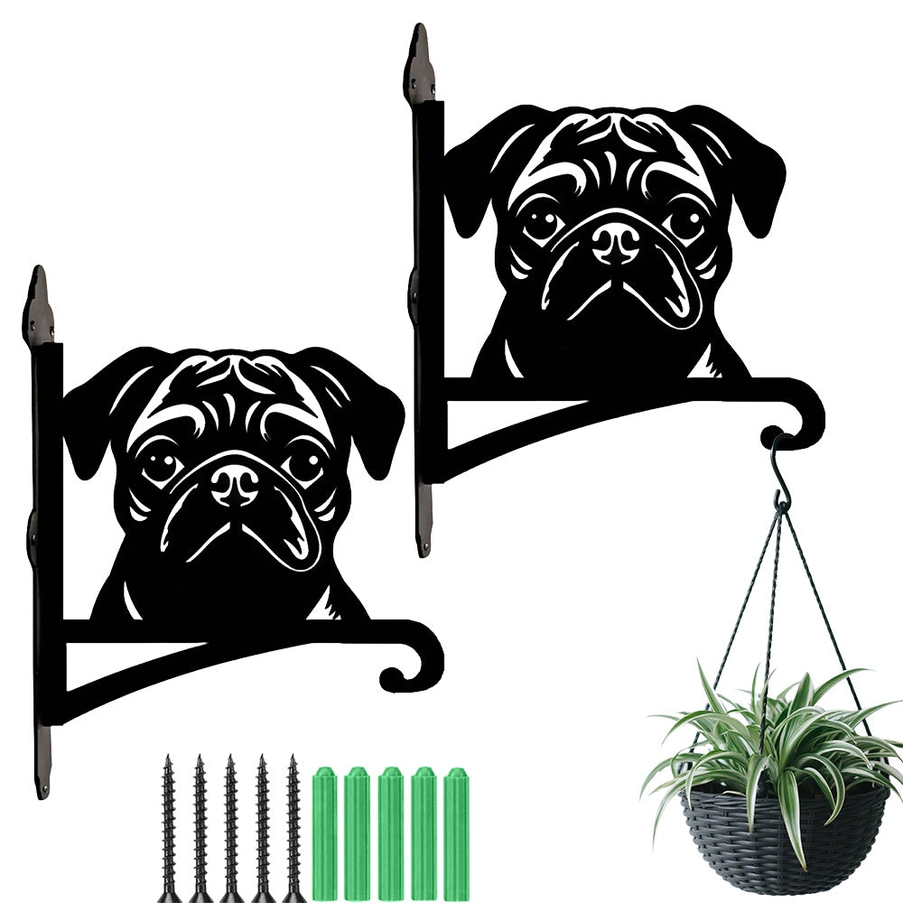 Pug metal hanging basket bracket mounted on outdoor wall for plant decoration