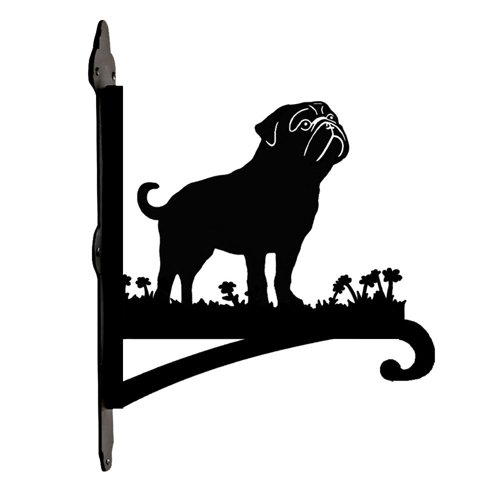 Pug metal hanging basket bracket mounted on outdoor wall for plant decoration