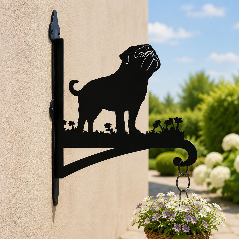 Pug metal hanging basket bracket mounted on outdoor wall for plant decoration