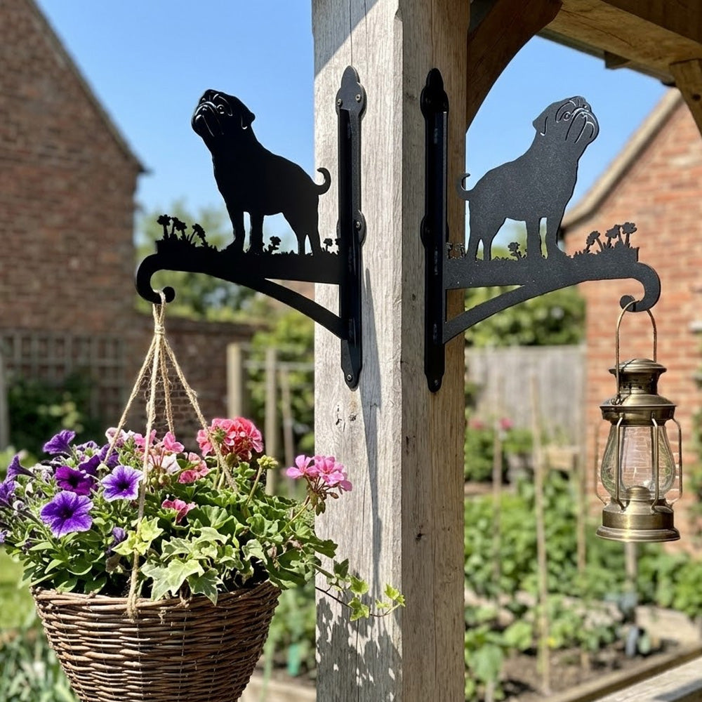 Pug metal hanging basket bracket mounted on outdoor wall for plant decoration