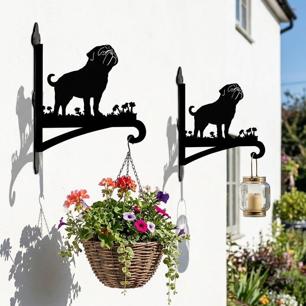 Pug metal hanging basket bracket mounted on outdoor wall for plant decoration