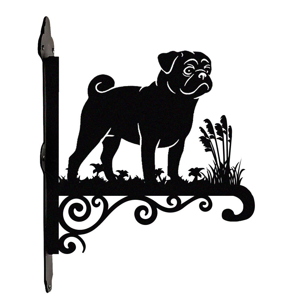 Pug metal hanging basket bracket mounted on outdoor wall for plant decoration