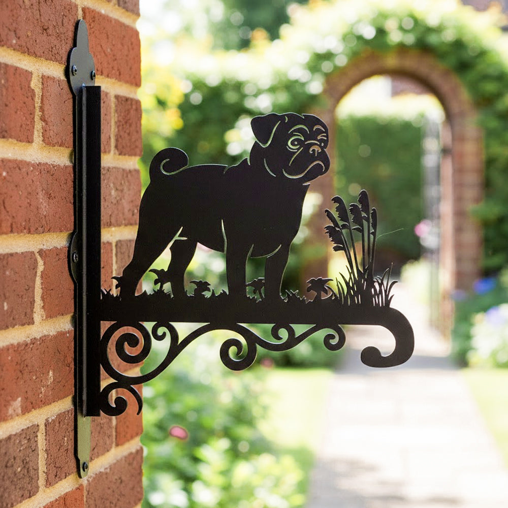 Pug metal hanging basket bracket mounted on outdoor wall for plant decoration