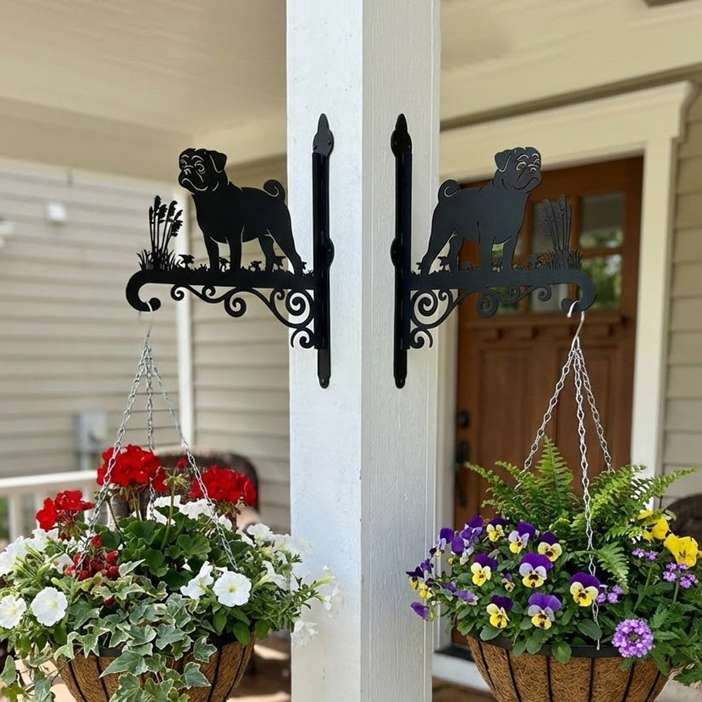 Pug metal hanging basket bracket mounted on outdoor wall for plant decoration