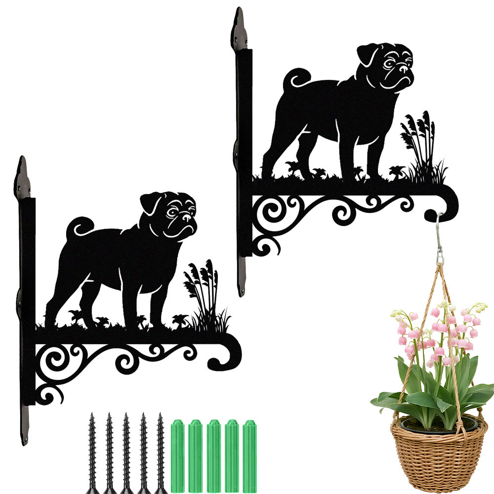 Pug metal hanging basket bracket mounted on outdoor wall for plant decoration