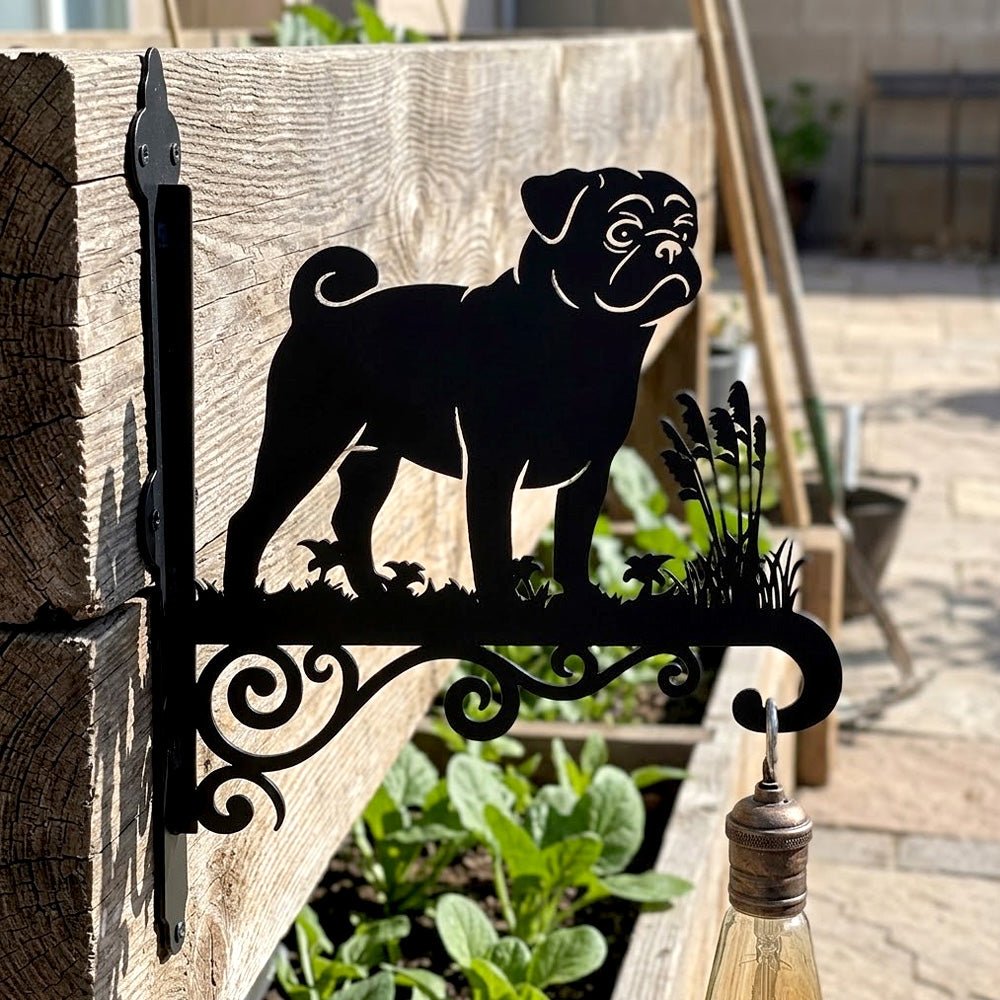 Pug metal hanging basket bracket mounted on outdoor wall for plant decoration