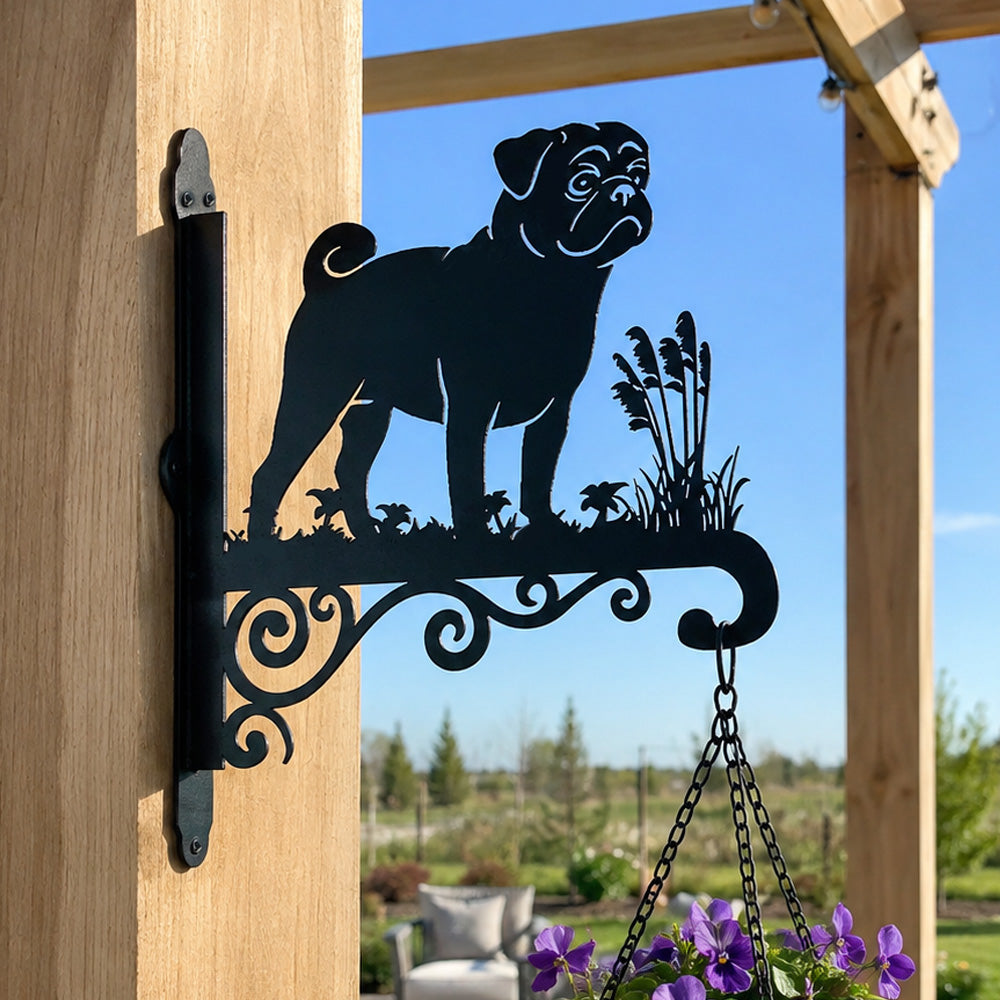 Pug metal hanging basket bracket mounted on outdoor wall for plant decoration