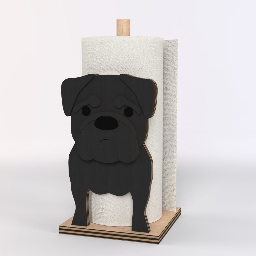 Pug Wooden Dog Paper Towel Holder displayed on a kitchen countertop with a freestanding paper towel roll