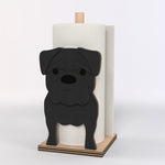 Pug Wooden Dog Paper Towel Holder displayed on a kitchen countertop with a freestanding paper towel roll