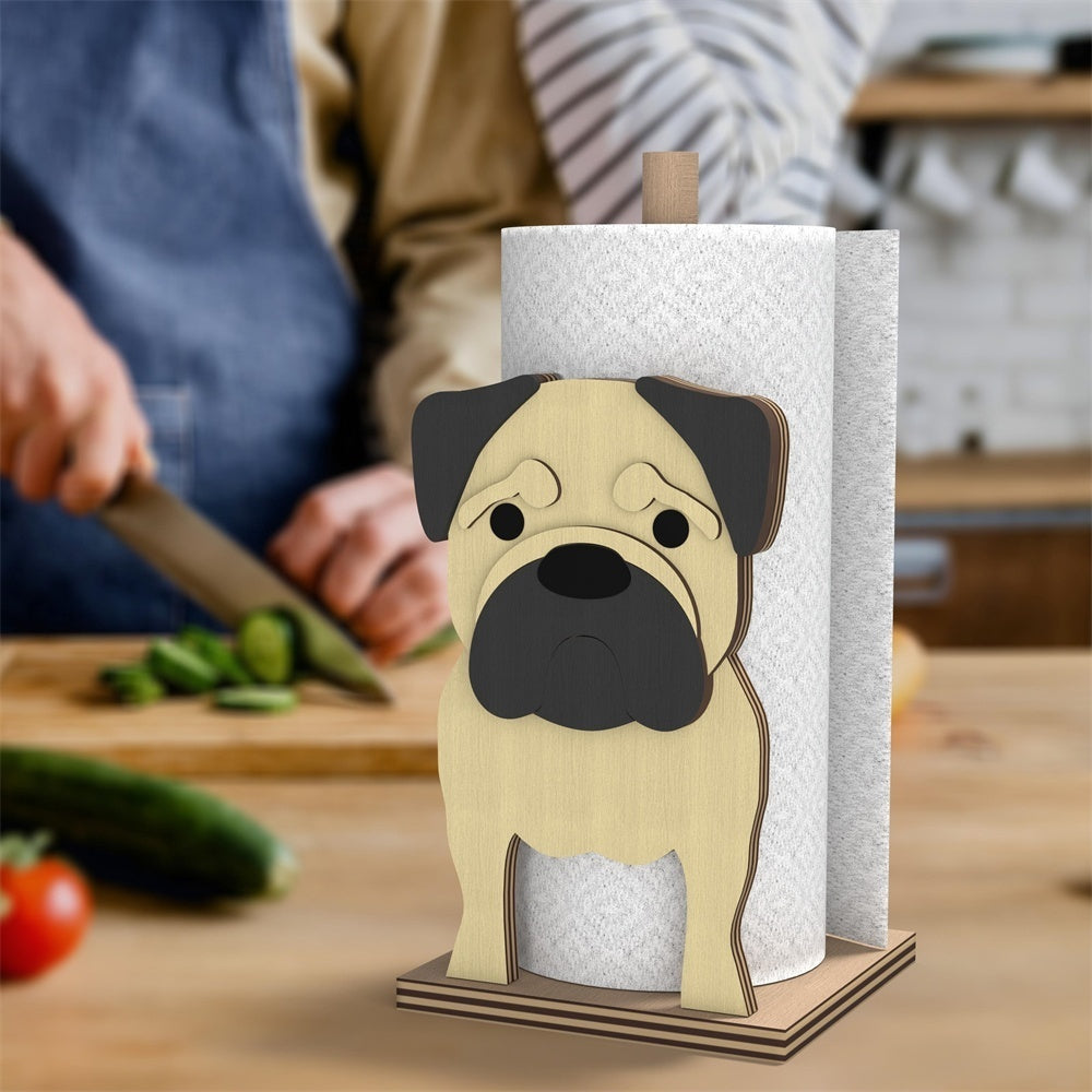 Pug Wooden Dog Paper Towel Holder displayed on a kitchen countertop with a freestanding paper towel roll