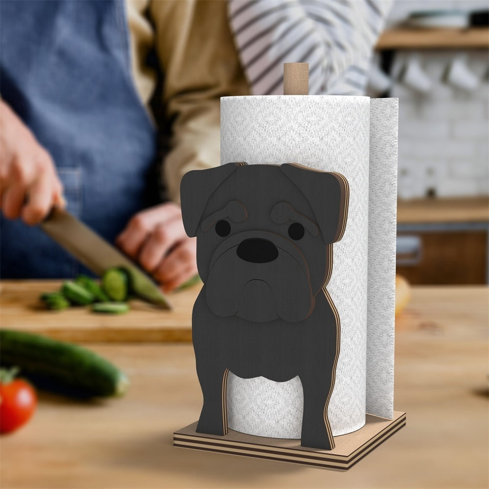 Pug Wooden Dog Paper Towel Holder displayed on a kitchen countertop with a freestanding paper towel roll