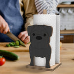 Pug Wooden Dog Paper Towel Holder displayed on a kitchen countertop with a freestanding paper towel roll