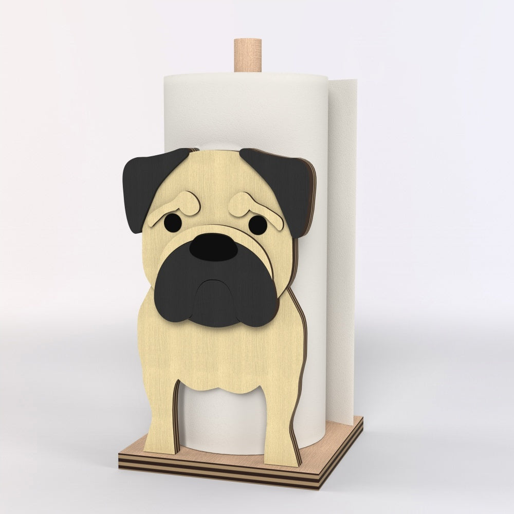 Pug Wooden Dog Paper Towel Holder displayed on a kitchen countertop with a freestanding paper towel roll