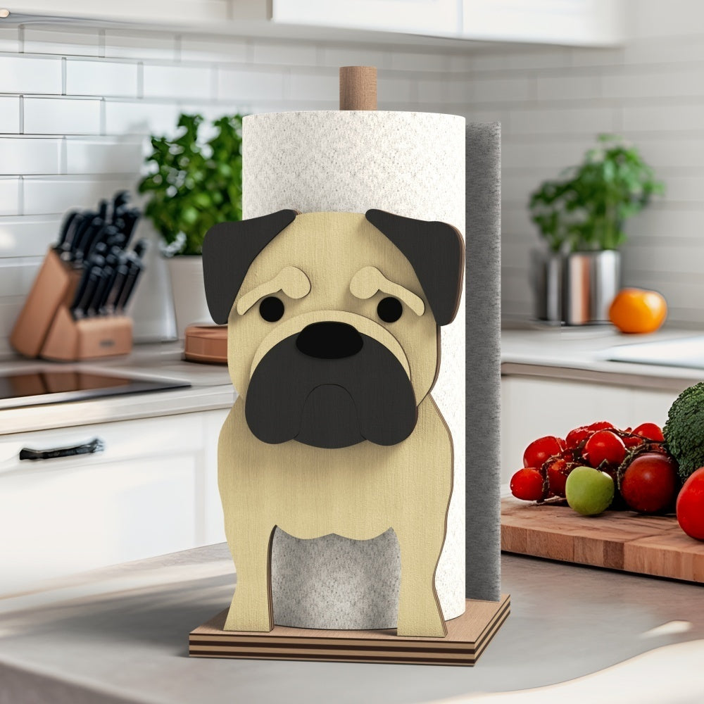 Pug Wooden Dog Paper Towel Holder displayed on a kitchen countertop with a freestanding paper towel roll