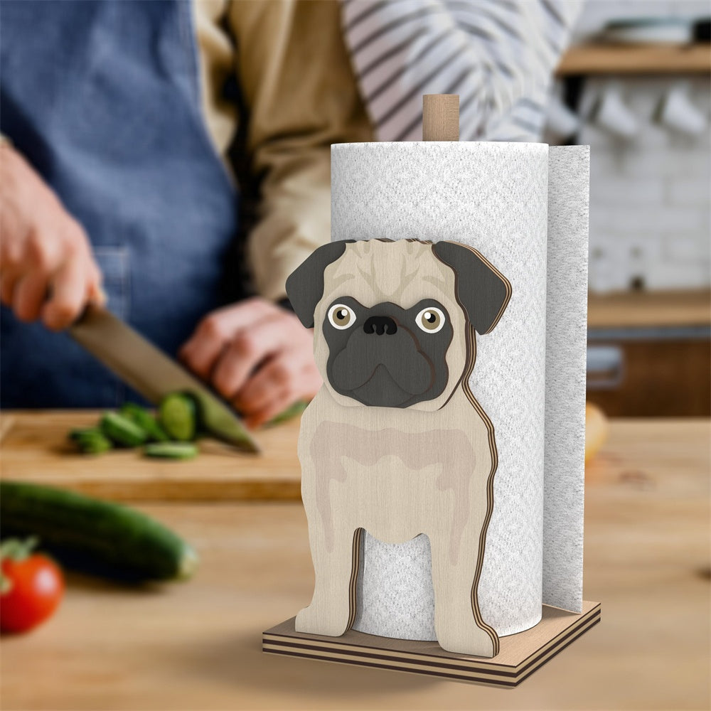 Pug Wooden Dog Paper Towel Holder displayed on a kitchen countertop with a freestanding paper towel roll