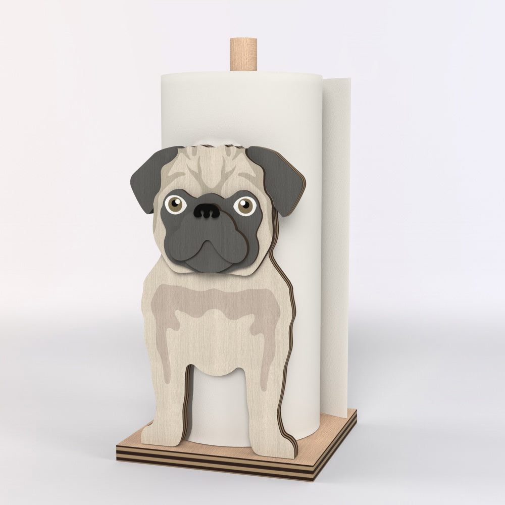 Pug Wooden Dog Paper Towel Holder displayed on a kitchen countertop with a freestanding paper towel roll