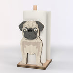 Pug Wooden Dog Paper Towel Holder displayed on a kitchen countertop with a freestanding paper towel roll