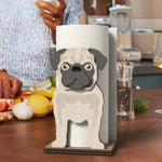 Pug Wooden Dog Paper Towel Holder displayed on a kitchen countertop with a freestanding paper towel roll