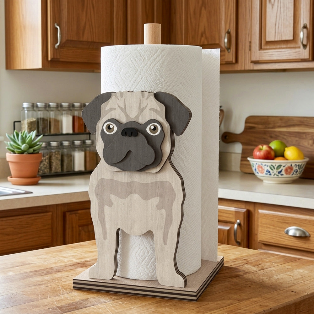 Pug Wooden Dog Paper Towel Holder displayed on a kitchen countertop with a freestanding paper towel roll