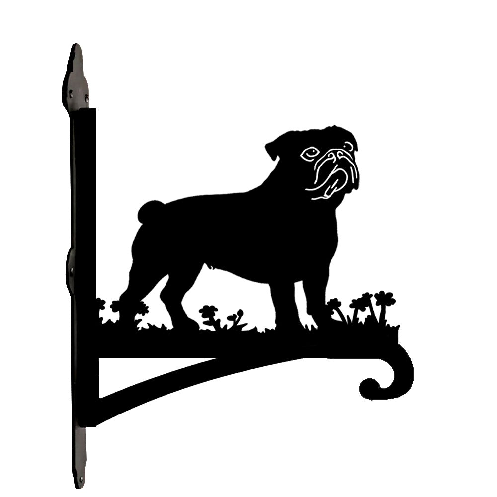 Pug metal hanging basket bracket mounted on outdoor wall for plant decoration