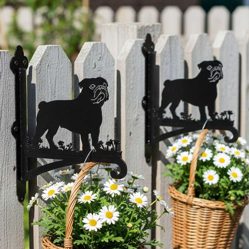 Pug metal hanging basket bracket mounted on outdoor wall for plant decoration