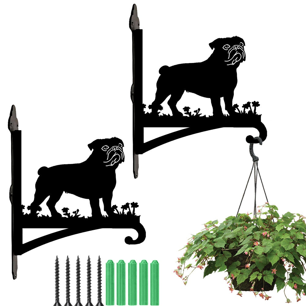 Pug metal hanging basket bracket mounted on outdoor wall for plant decoration