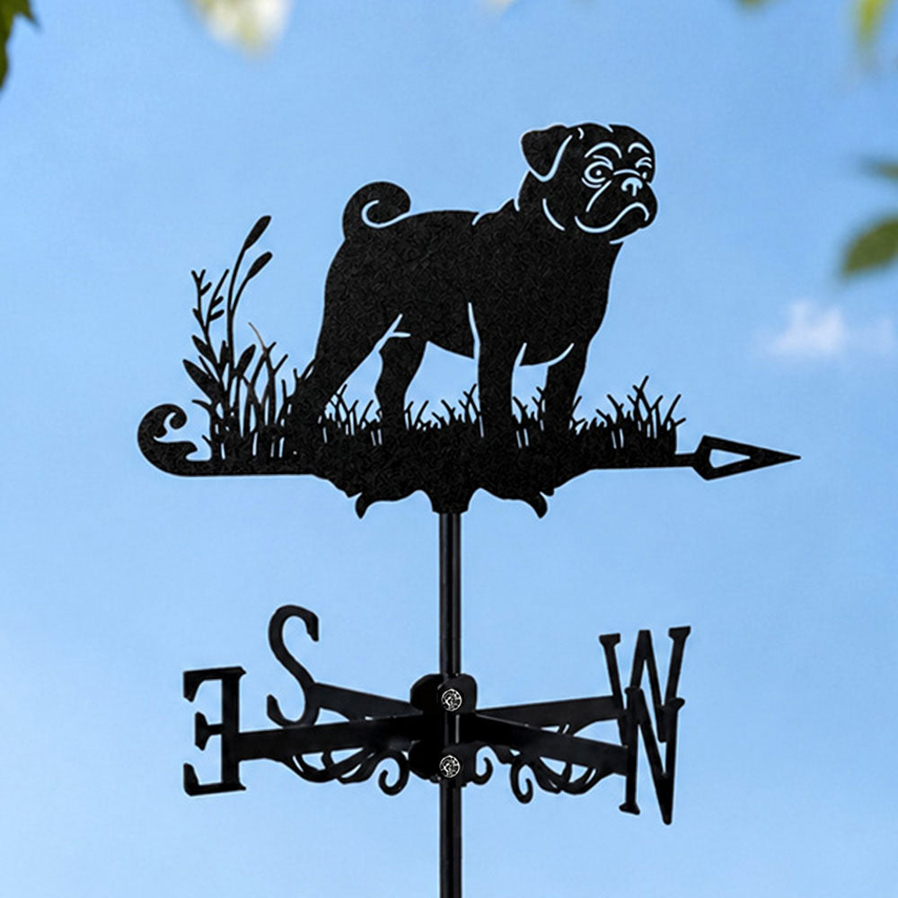 Pug metal weather vane with directional arrows and mounting rod, outdoor roof and garden decoration