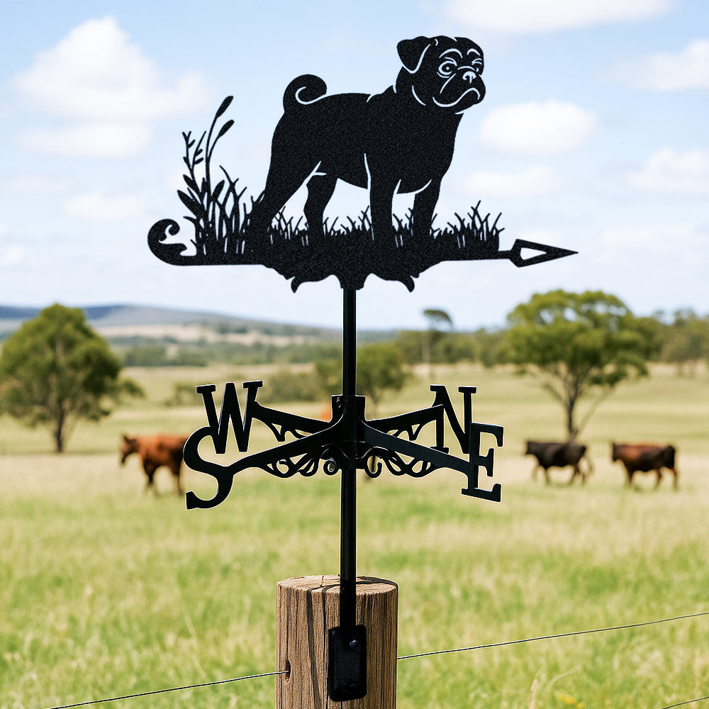Pug metal weather vane with directional arrows and mounting rod, outdoor roof and garden decoration