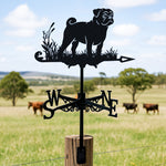 Pug metal weather vane with directional arrows and mounting rod, outdoor roof and garden decoration
