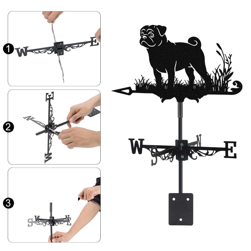 Pug metal weather vane with directional arrows and mounting rod, outdoor roof and garden decoration