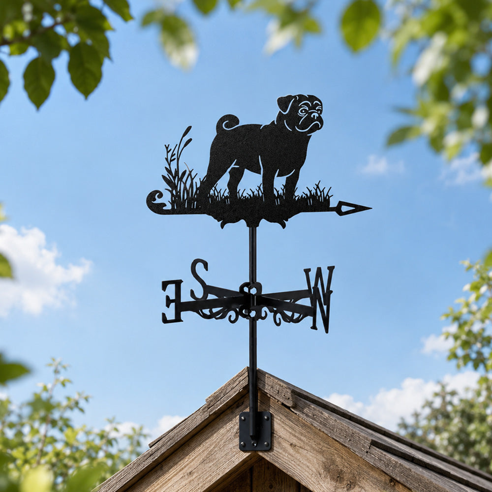 Pug metal weather vane with directional arrows and mounting rod, outdoor roof and garden decoration