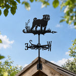 Pug metal weather vane with directional arrows and mounting rod, outdoor roof and garden decoration