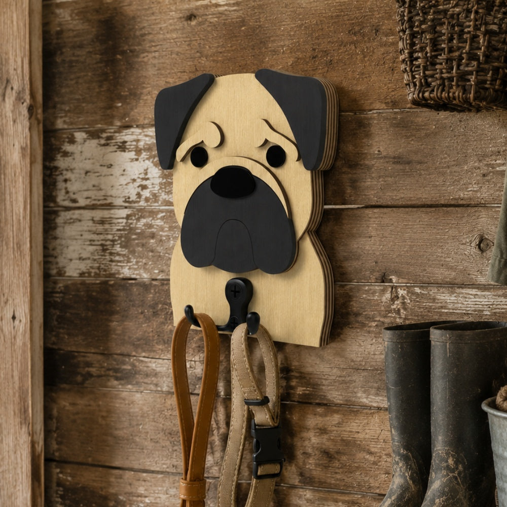 Wooden pug dog wall hook key and leash holder for home entryway organizer