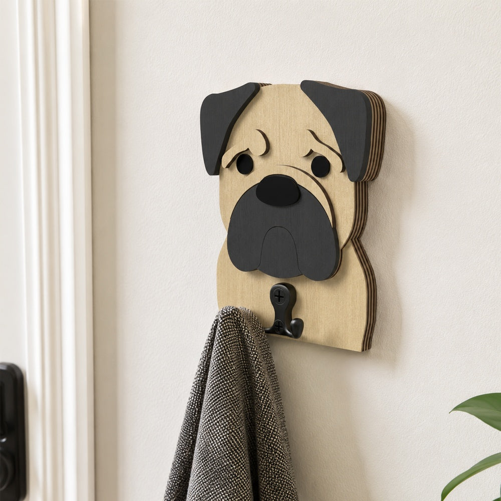 Wooden pug dog wall hook key and leash holder for home entryway organizer