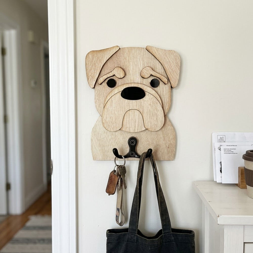 Wooden pug dog wall hook key and leash holder for home entryway organizer