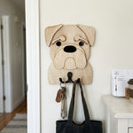 Wooden pug dog wall hook key and leash holder for home entryway organizer