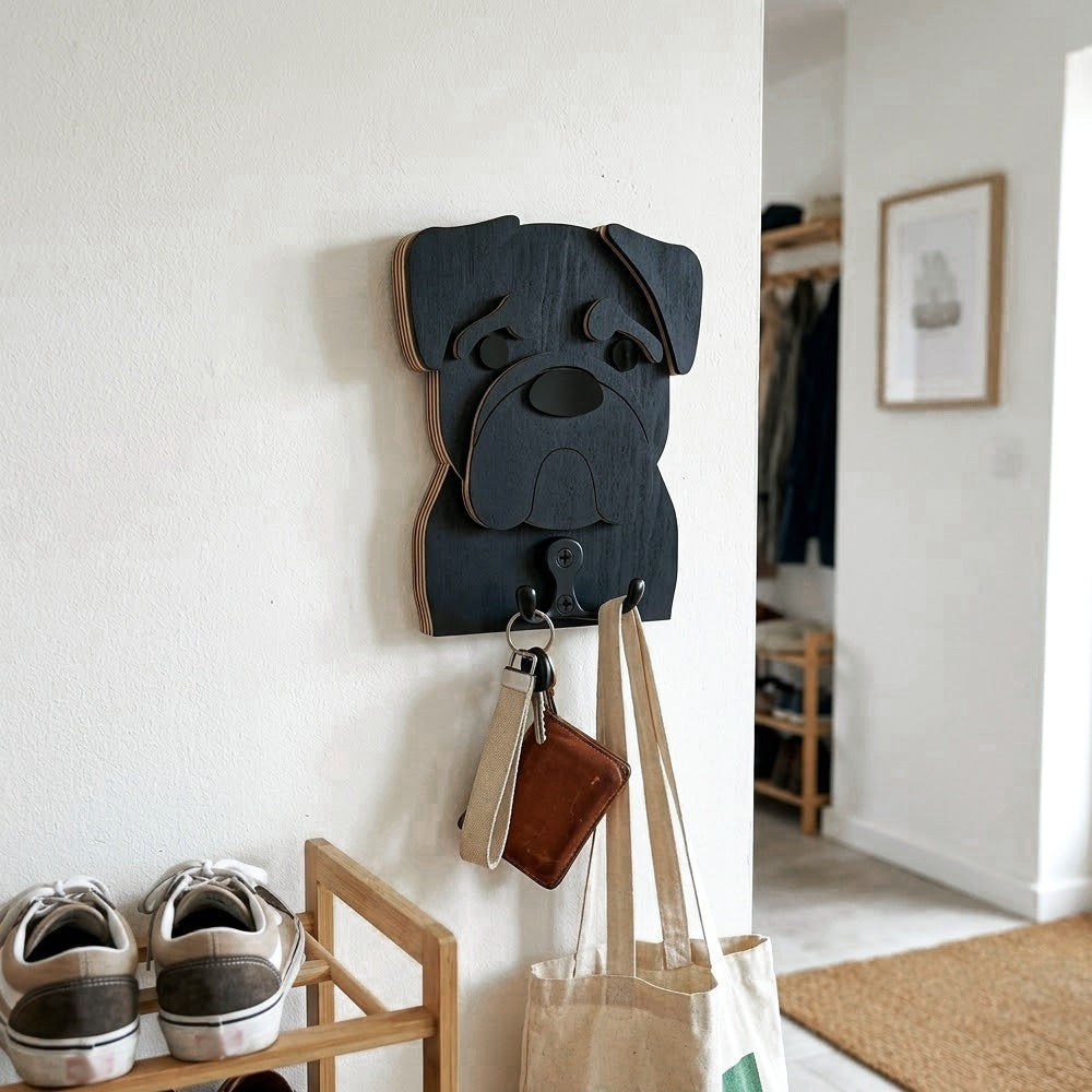 Wooden pug dog wall hook key and leash holder for home entryway organizer