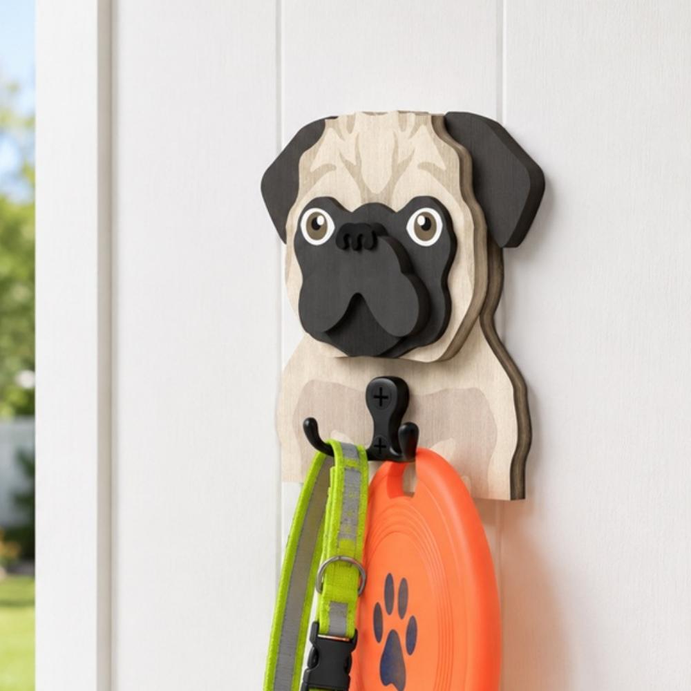 Wooden pug dog wall hook key and leash holder for home entryway organizer