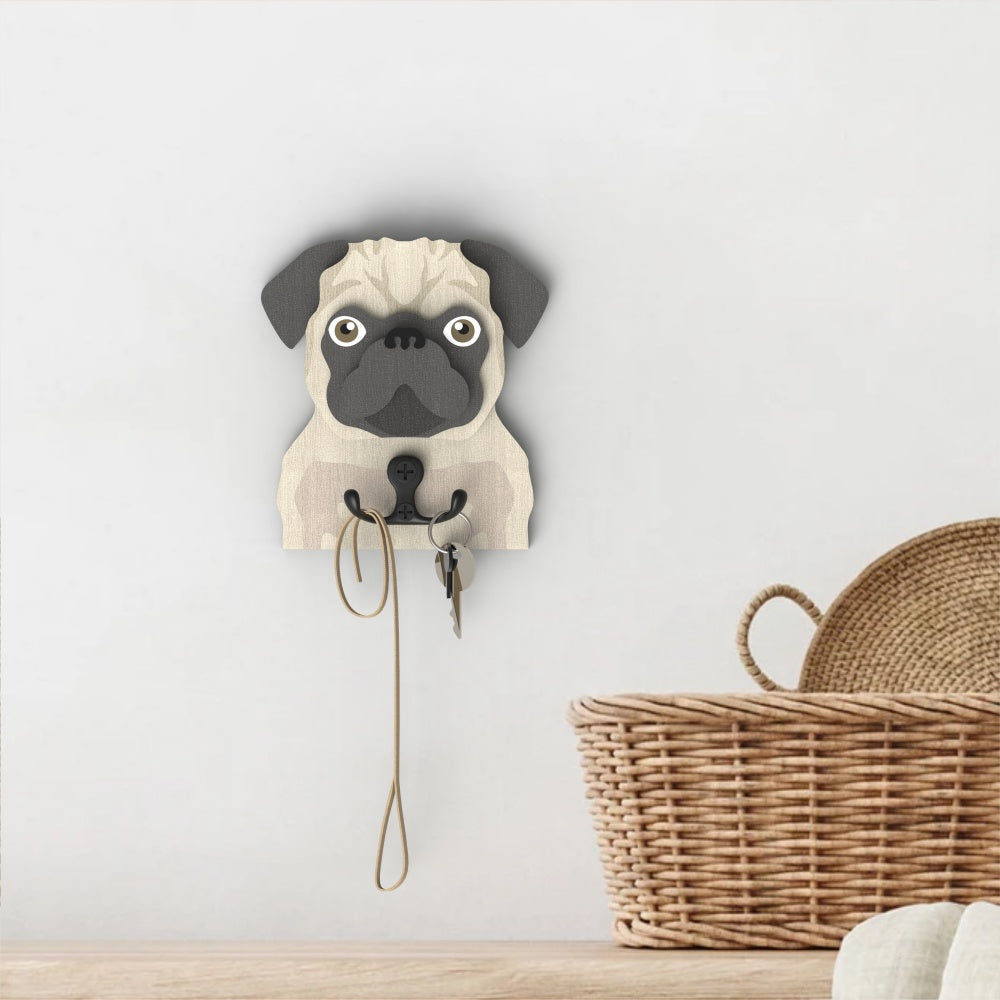 Wooden pug dog wall hook key and leash holder for home entryway organizer