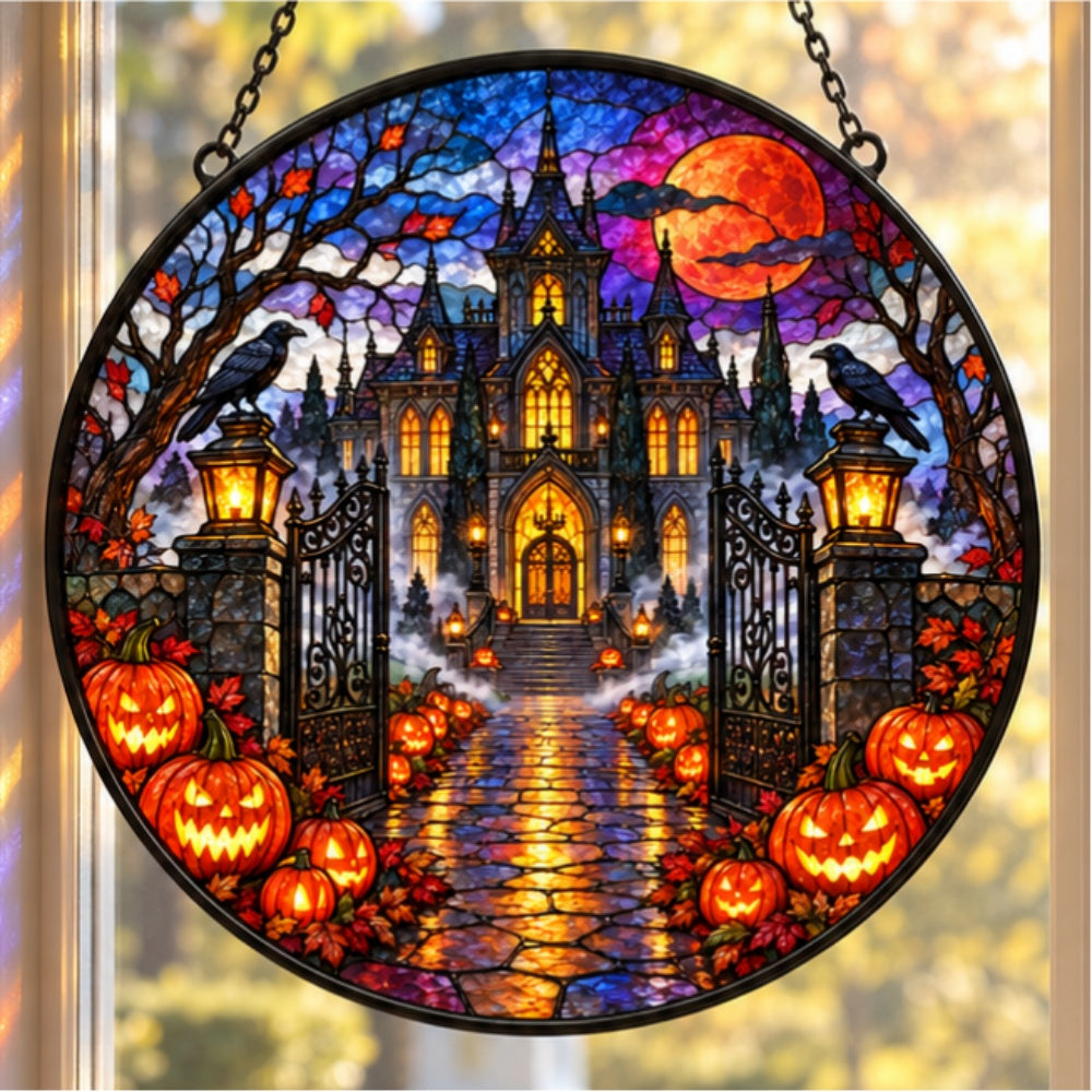 Pumpkin Farm Entrance Halloween stained glass suncatcher window hanging, suitable for home and garden decoration