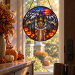 Pumpkin Farm Entrance Halloween stained glass suncatcher window hanging, suitable for home and garden decoration
