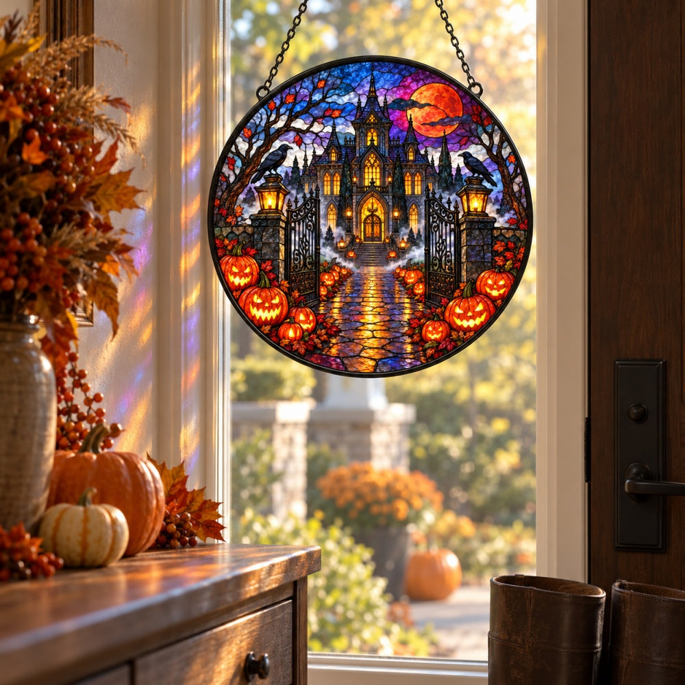 Pumpkin Farm Entrance Halloween stained glass suncatcher window hanging, suitable for home and garden decoration