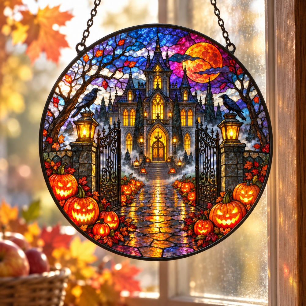 Pumpkin Farm Entrance Halloween stained glass suncatcher window hanging, suitable for home and garden decoration